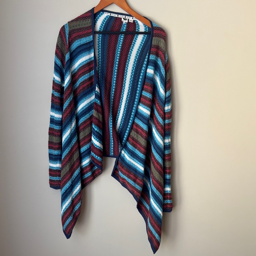 Roxy Cardigan Women’s Striped Multicolor Open Front Sweater. Y2K